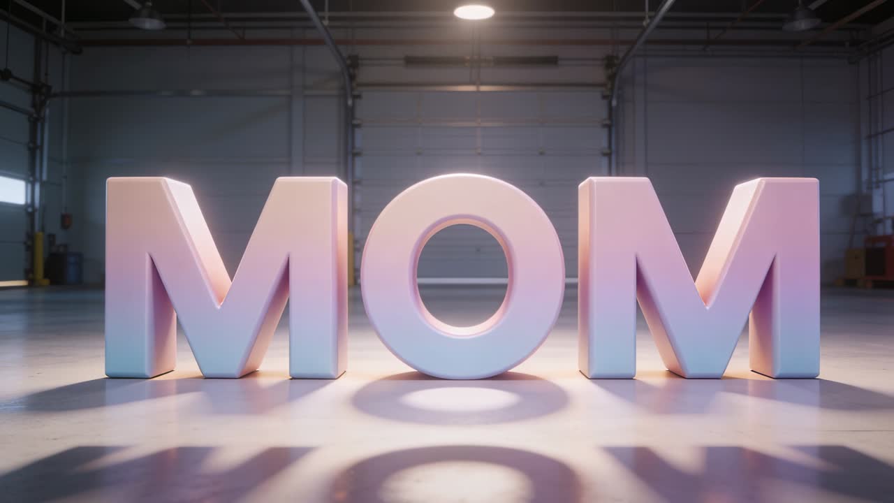 Revealing block letters MOM moving forward in hangar on polished floor, overhead light brightening
