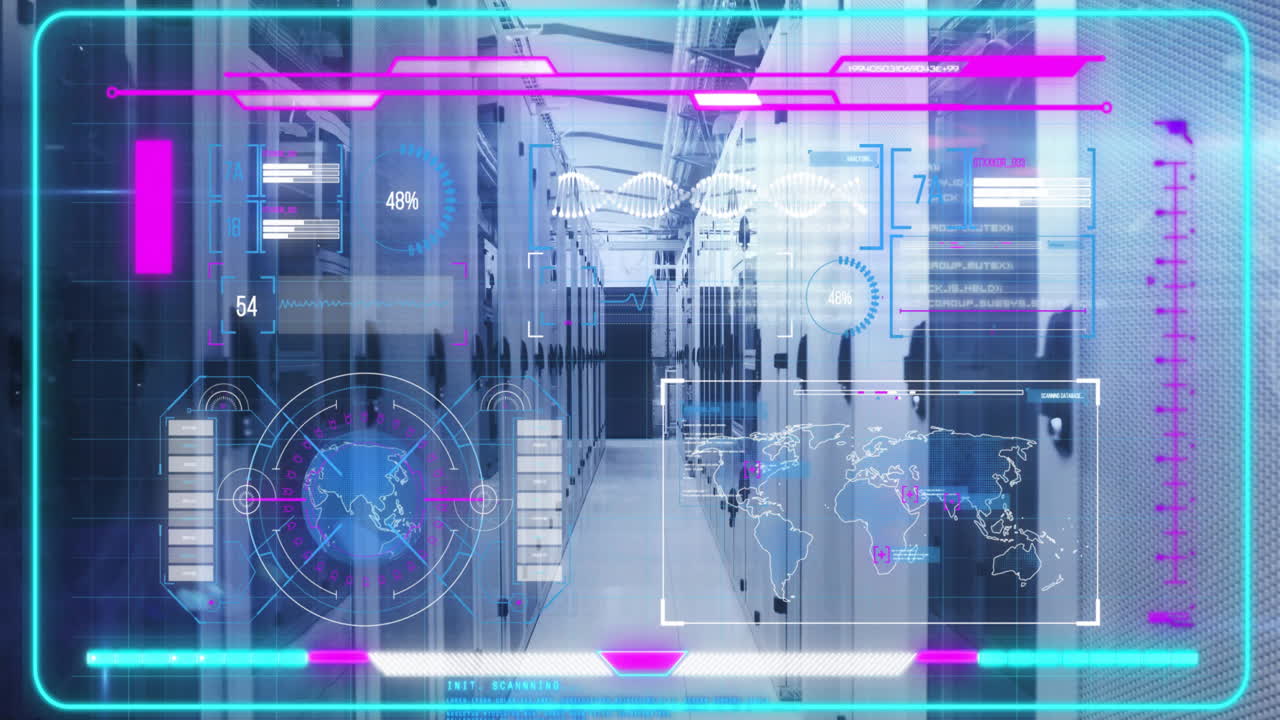 Futuristic data center corridor in 3D render, showing sleek server racks, with neon HUD elements