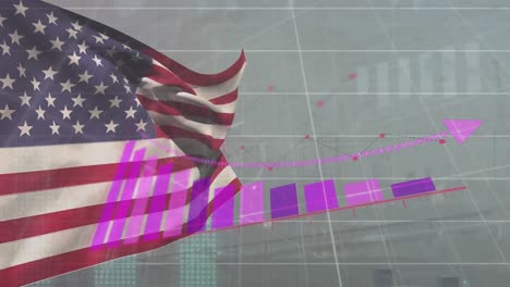 animación del procesamiento de datos estadísticos sobre la bandera de los estados unidos en contra del globo giratorio