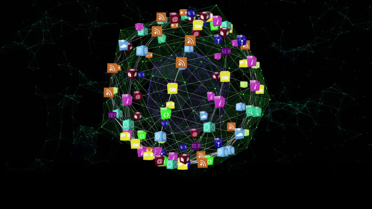Globo di icone digitali su sfondo di rete di connessioni