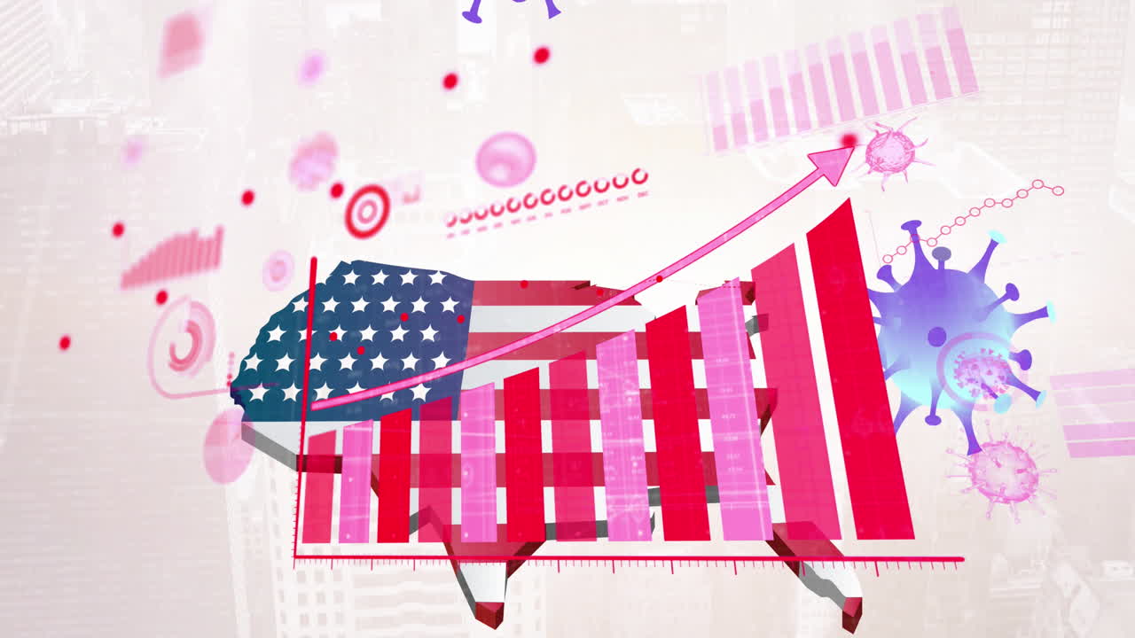 미국 국기 위에 바이러스 아이콘으로 데이터 처리의 애니메이션