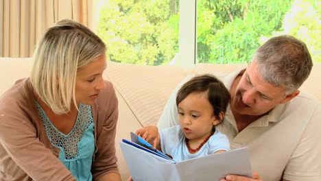 couple showing picture book to baby