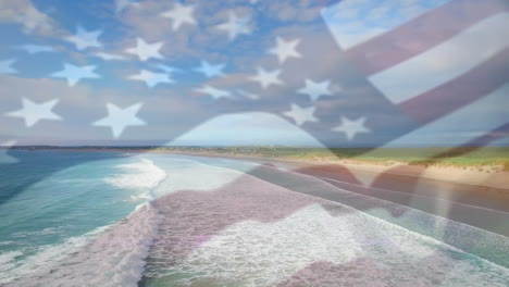 animation of american flag waving and people giving thumbs up over sunny seaside