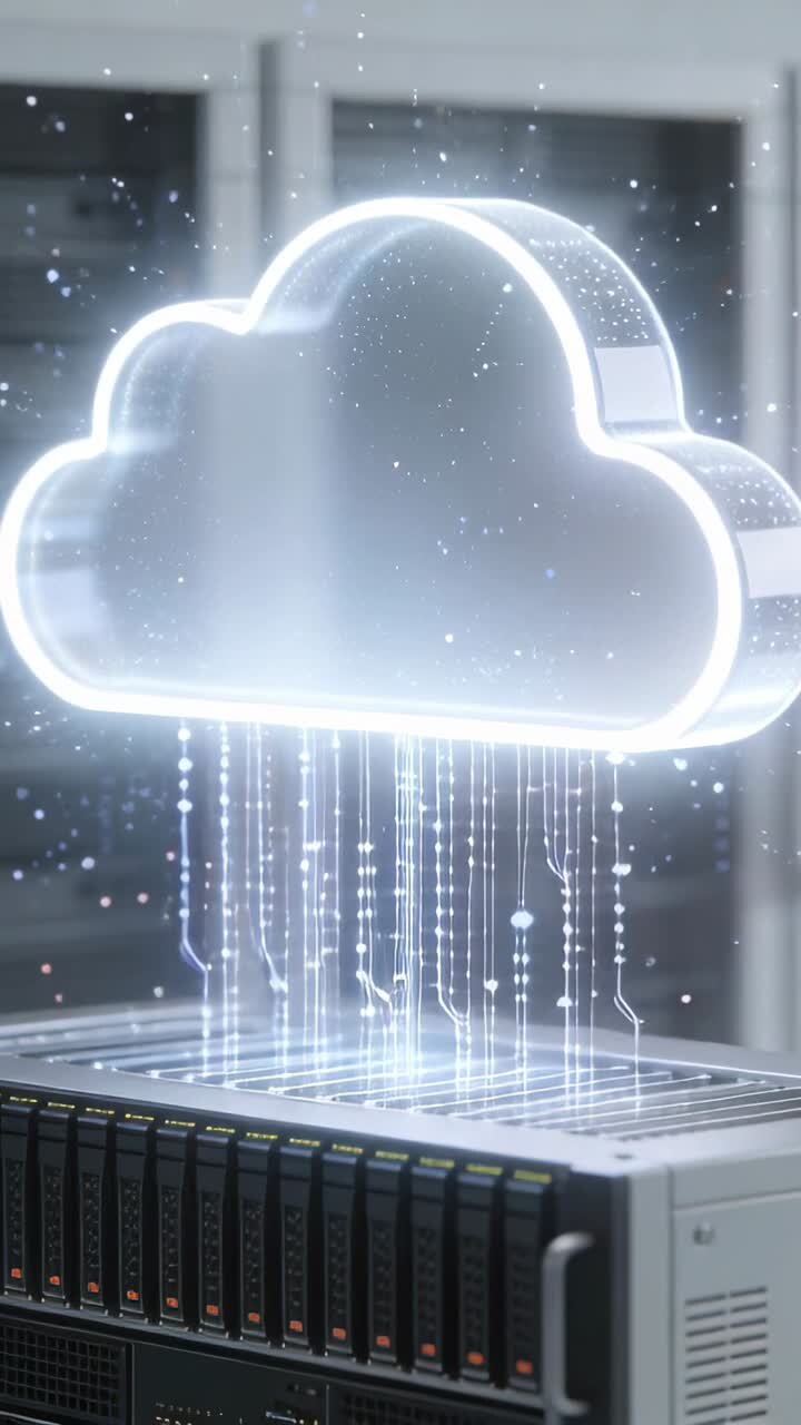Vertical video: Activating cloud icon hovering over rack in server room establishing data link