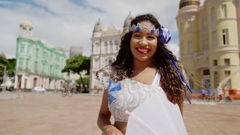 portrait of frevo dancer at the street carnival in recife, pernambuco, brazil.