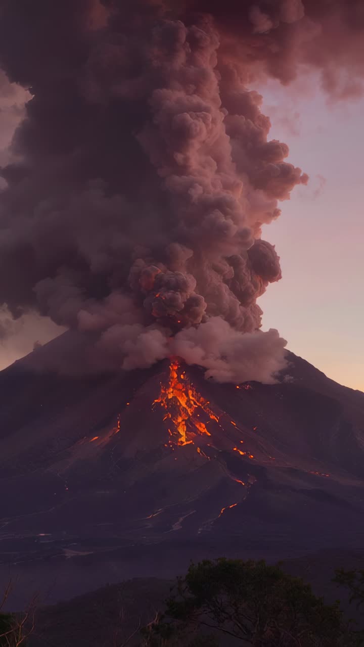 Video verticale: Vulcano che erutta, rilasciando cenere dal cratere sommitale al tramonto, formando colate di lava incandescenti