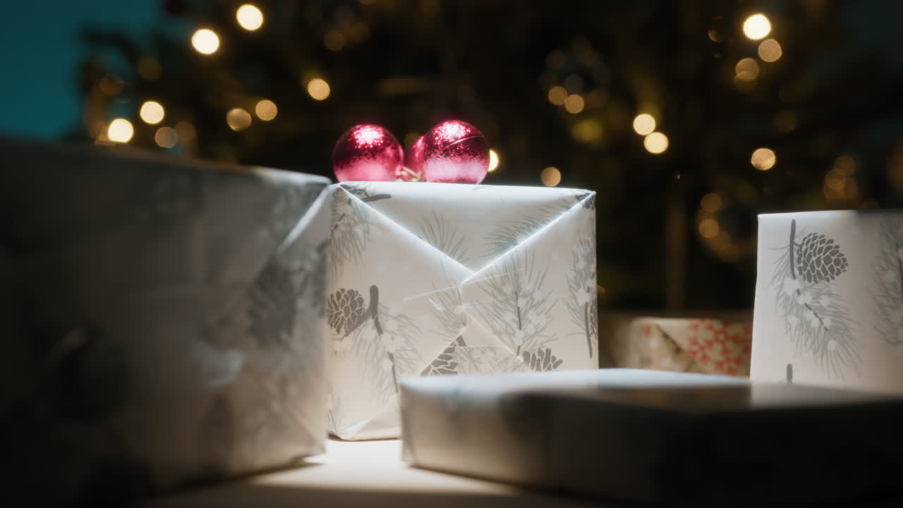 White Christmas Packages Spin on a Turn Table in Front of the Tree