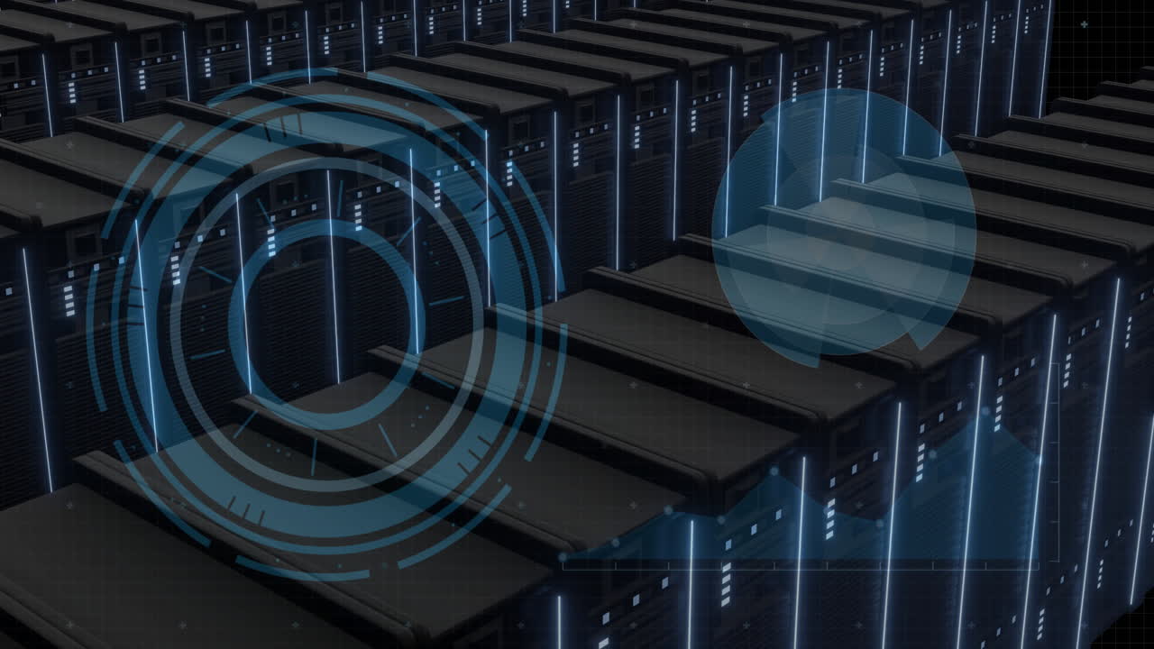 Data processing animation over rows of servers in data center