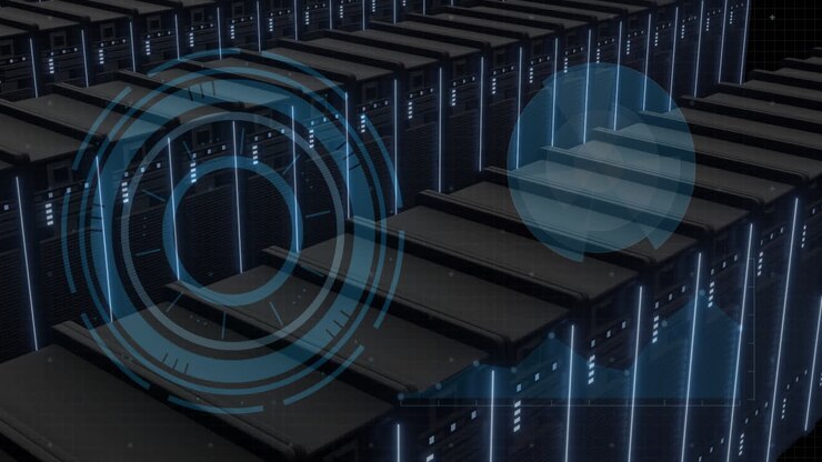 Data processing animation over rows of servers in data center