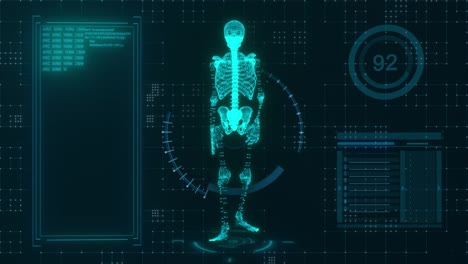 concepto tecnológico. modelo 3d de un esqueleto caminando en el fondo de la tecnología. color verde. animación 3d