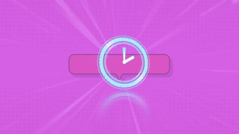 Animación-Del-Reloj-Moviéndose-Rápido-Sobre-Un-Bocadillo-De-Diálogo-Rosa-Sobre-Fondo-Morado