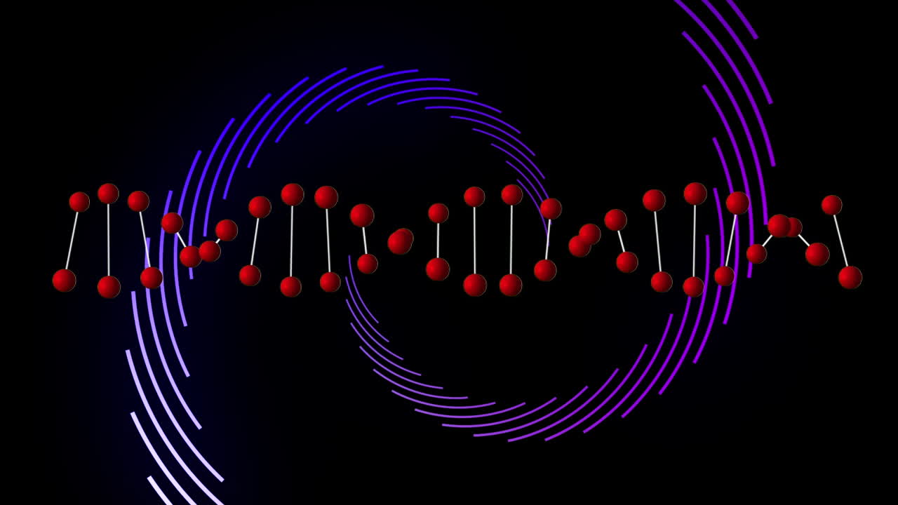 Animation of dna strand and blue trails on black background