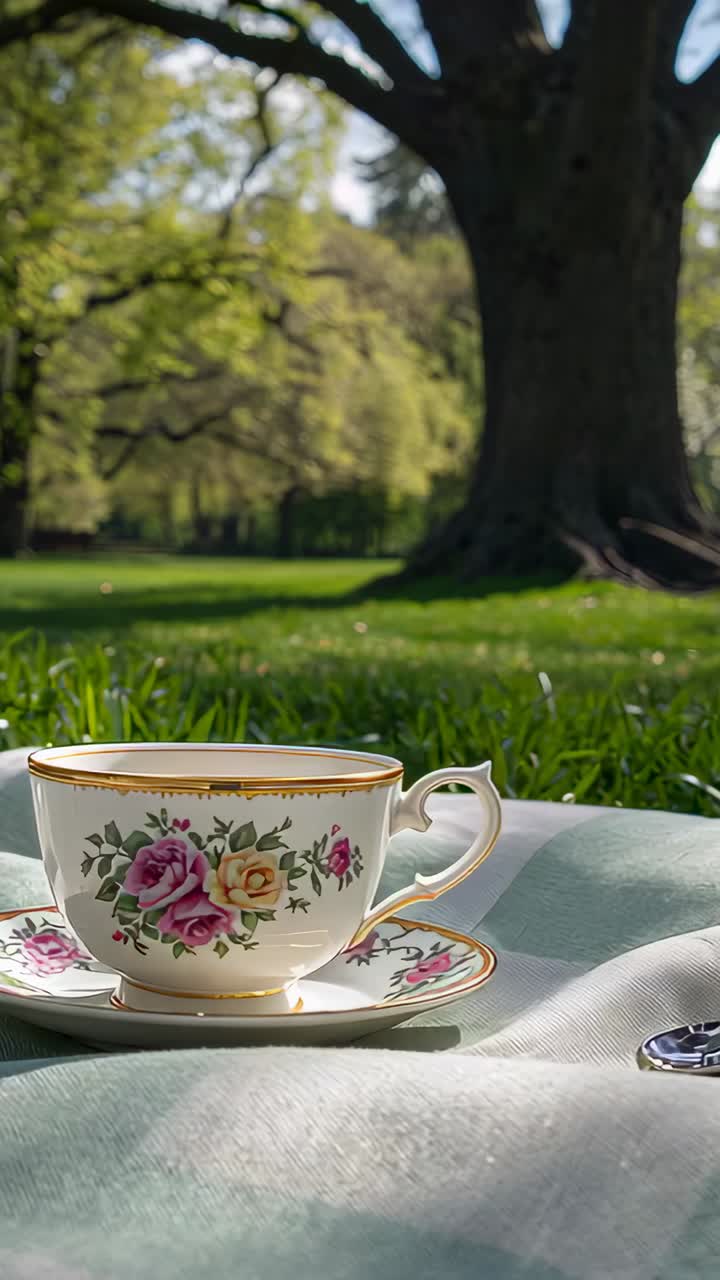 Vertical video: Shifting camera revealing teacup on mint cloth in park, showing gold rim and spoon