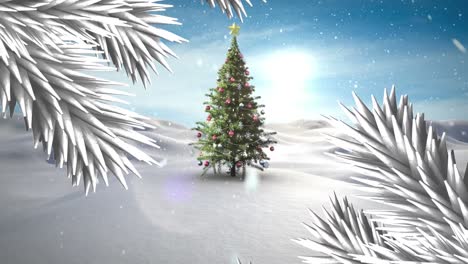 animation of fir branches over christmas tree in winter landscape