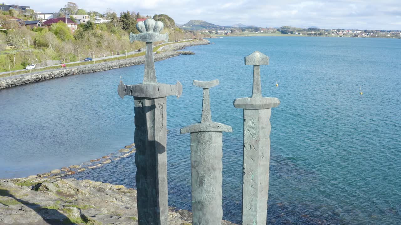 Sverd i Fjell Swords Monument. Stavanger, Norway, Drone Aerial View From Close Up to Wide