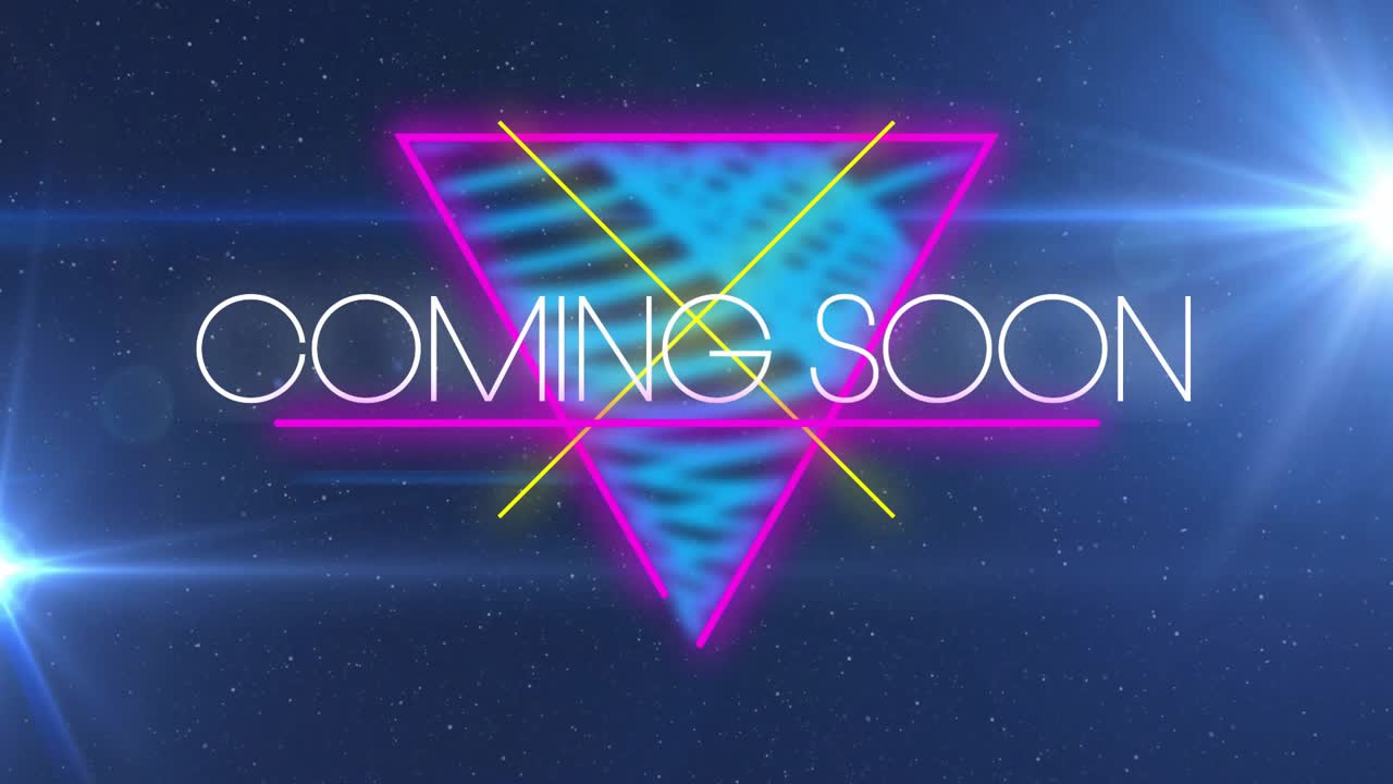 Swirling blue vortex initiating neon triangle, lines animating around COMING SOON signaling launch