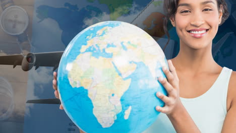 animation of happy biracial woman with globe over plane