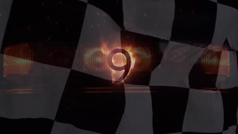 Animation-of-glowing-burning-number-nine-over-waving-black-and-white-racing-flag