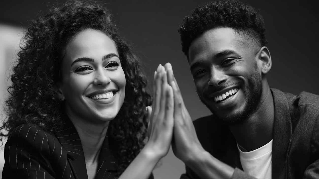 A joyful moment captured between two individuals sharing a friendly and playful interaction as they smile and touch their palms together in a lively exchange of energy and enthusiasm
