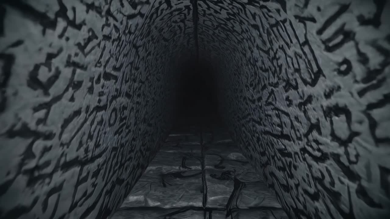 Tunnel with dark script covered walls