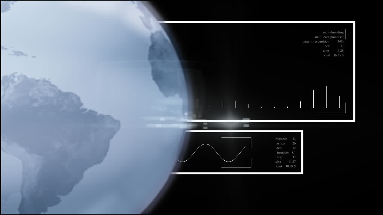 animación del procesamiento de datos y globo sobre globo en fondo oscuro