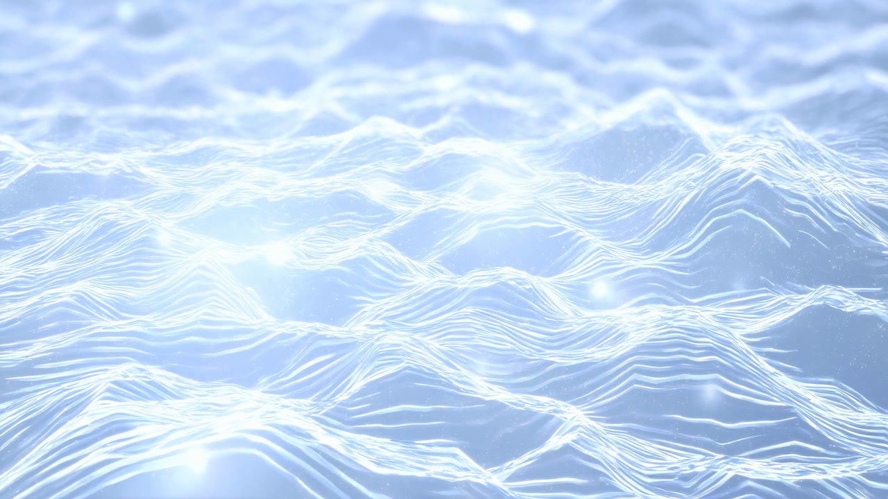Luminous Blue Waveform Lines Undulating Across Neon Sea, Interconnected Light Strands With Soft Bokeh