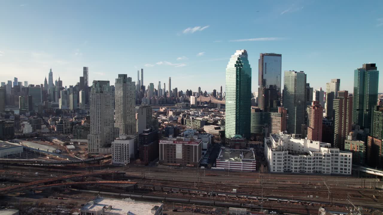 Long Island City, aerial skyline shot with Queensboro Bridge in distance, 4K