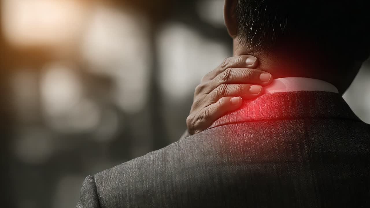 A Professional in Distress: Close-Up of a Man in Formal Attire Grasping His Neck, Signifying Tension or Discomfort in a Stressful Environment
