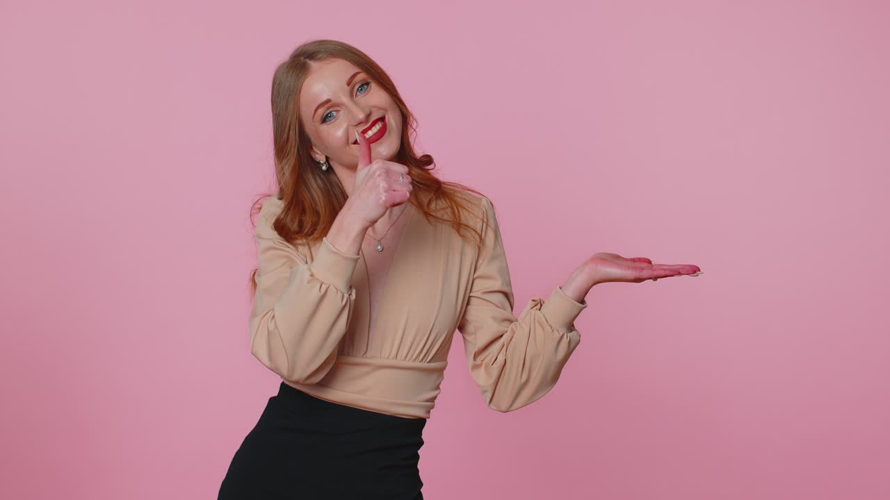 Girl pointing empty place advertising area for commercial text copy space for goods promotion