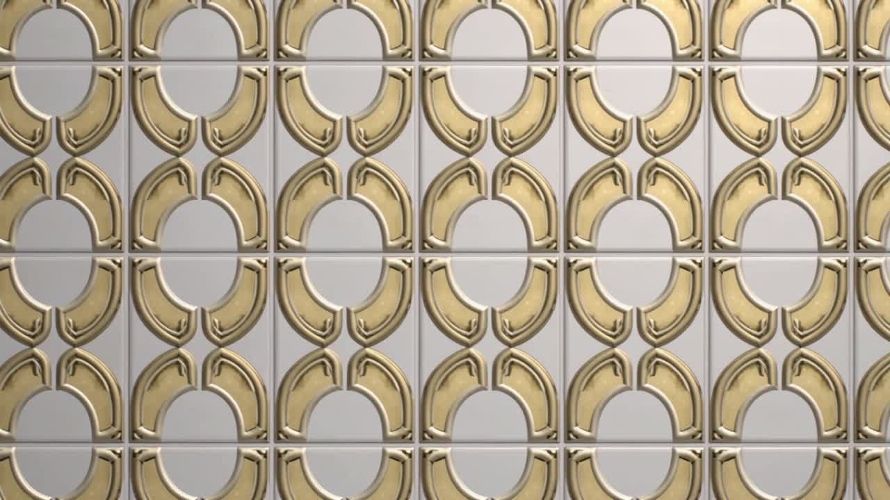 Recording camera capturing decorative tiled wall at close-up in interior, with gold circular motifs