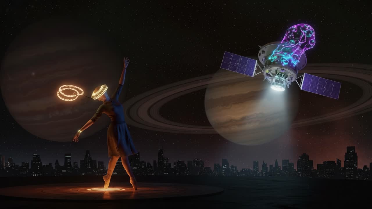 A Dancer Embraces Cosmic Wonder Under the Light of Spacecraft and Planets, Merging Artistry with Celestial Exploration in a Dazzling Performance