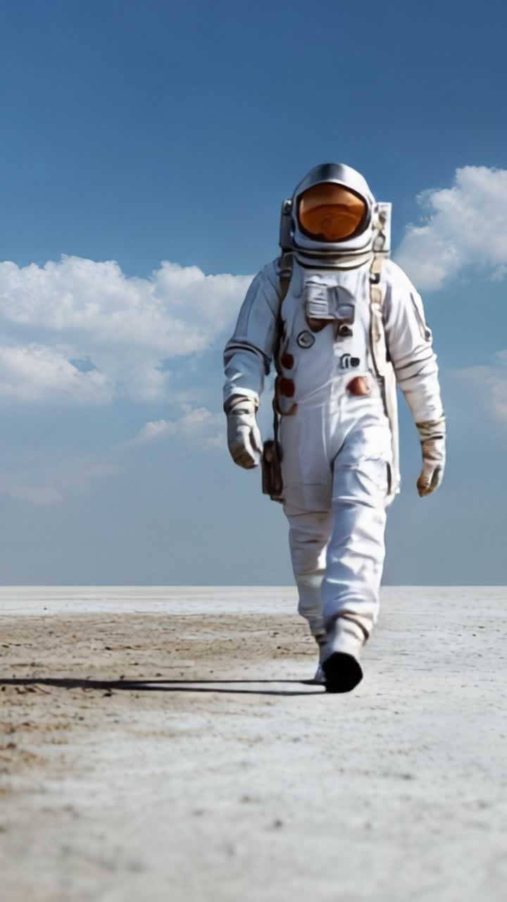 A solitary astronaut traverses a vast, barren landscape, embodying the spirit of exploration and adventure against a backdrop of endless blue sky and distant clouds