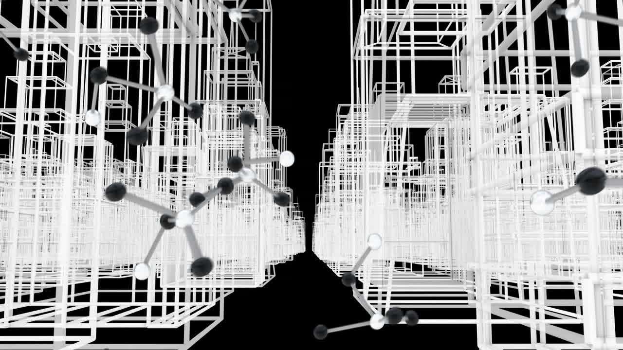 검은색 배경에 디지털 도시 위의 분자의 애니메이션