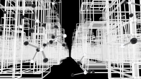 Animation of molecules over digital city on black background
