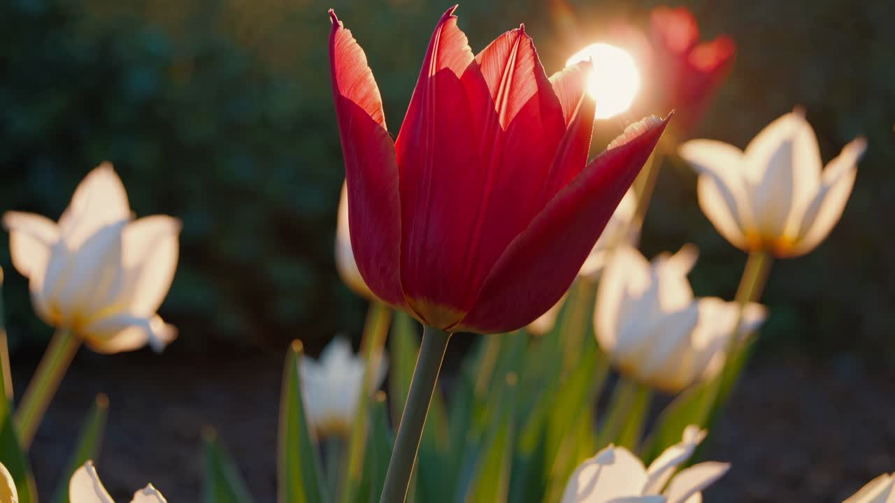 Alhaalta kuvattu 4K-video auringon valaisemista valkoisista tulppaaneista lämpimällä hehkulla, mikä luo seesteisen ja eloisan puutarhan
