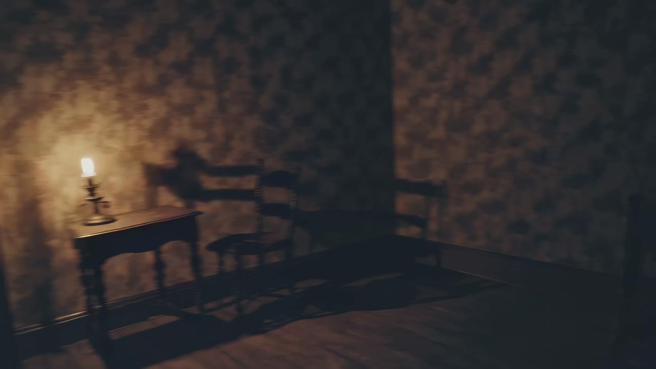 Moody video scene with dim lighting, showcasing a vintage table and chair casting shadows