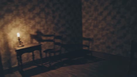 moody video scene with dim lighting, showcasing a vintage table and chair casting shadows