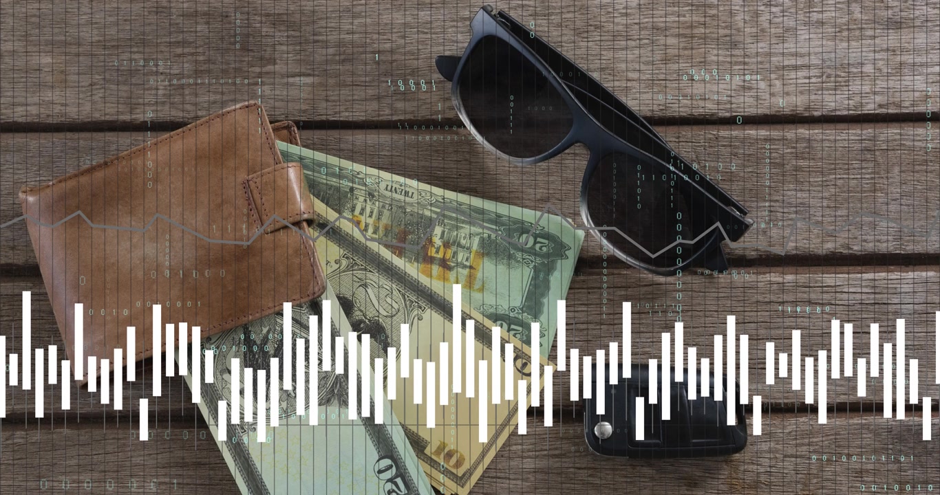 Audio signal starting bar wave moving over wallet cluster, peaking then settling, showing levels