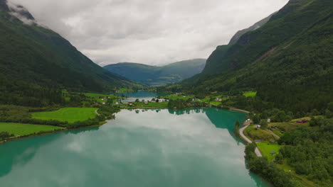 picturesque oldevatnet lake with emerald green water in oldedalen valley