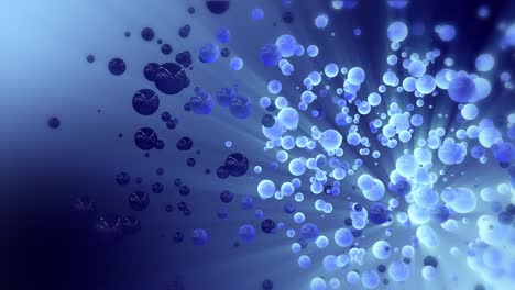 blue abstract 3d rendering of chaotic spheres and ball. flying particles in empty space.