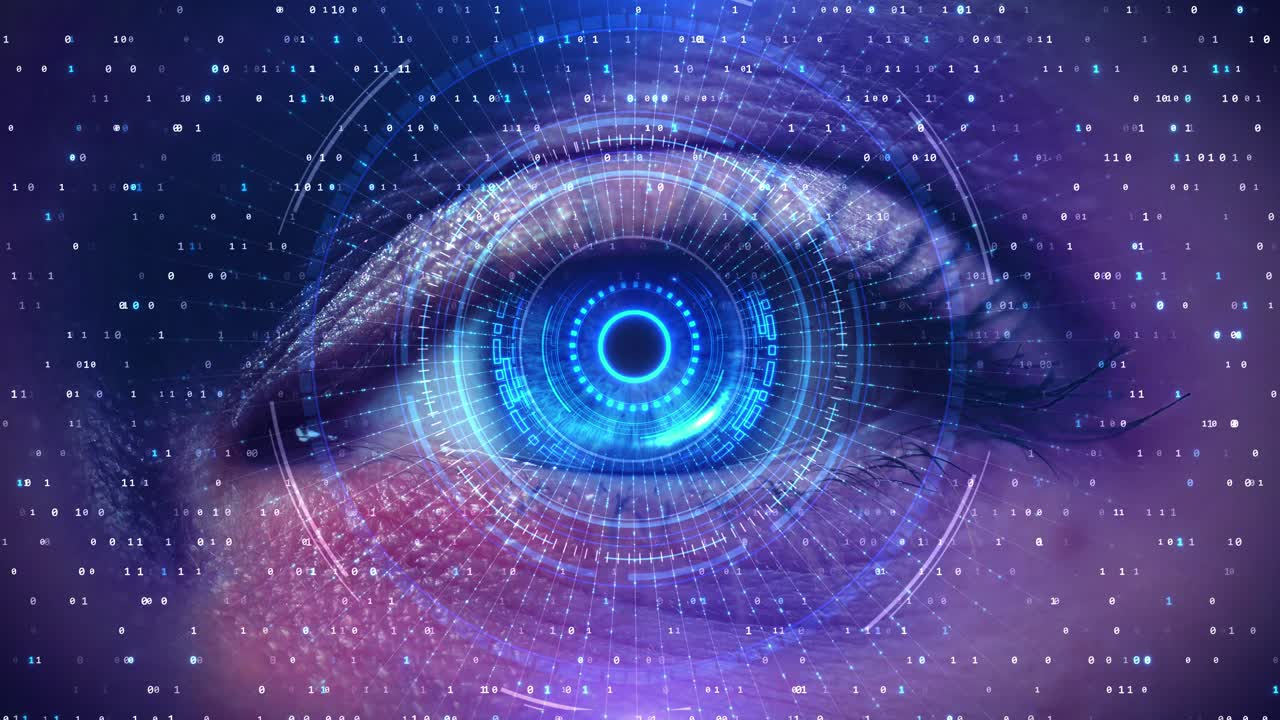 Futuristic 4k hud glitch cyber eye background animation code background scifi technology pixel eye
