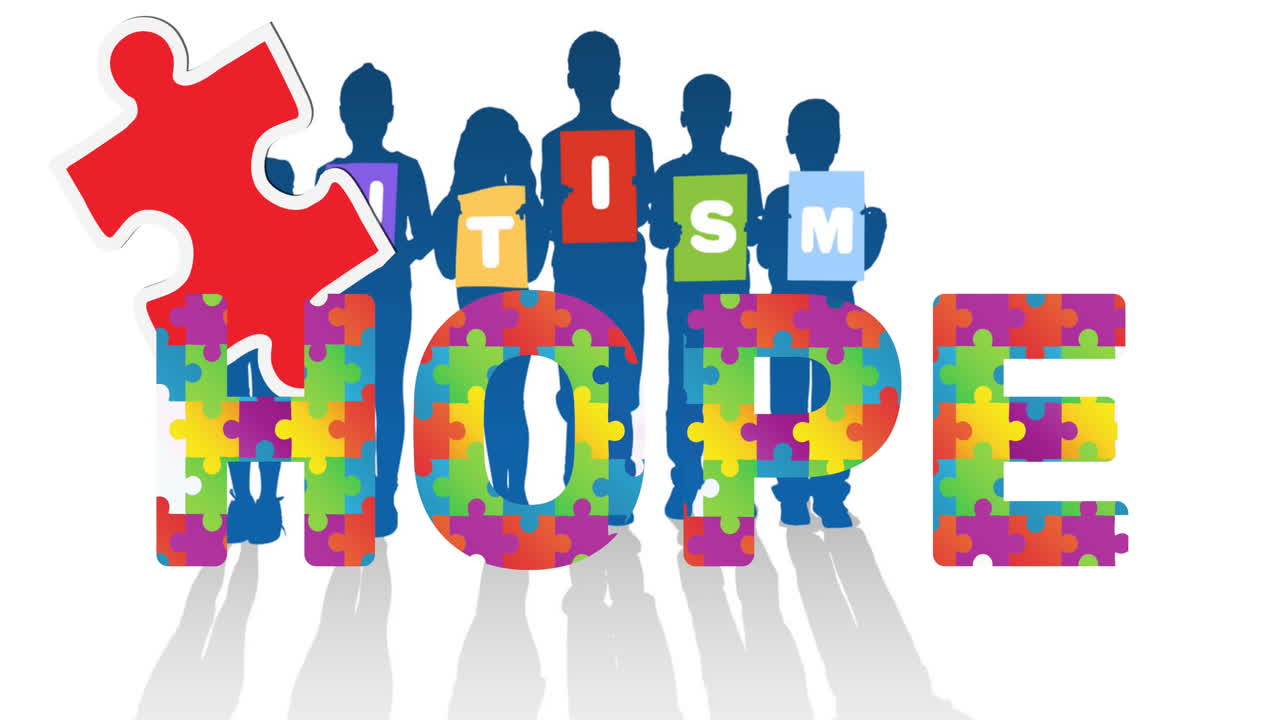 아이들이 자폐증 글자를 들고 있는 애니메이션, 퍼즐로 구성된 희망 텍스트