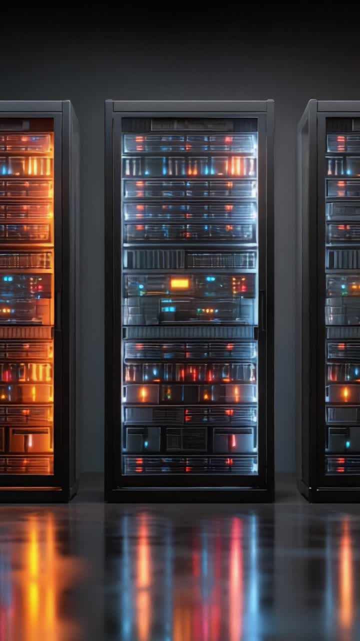 Oplyste serverracks, der fremviser avanceret teknologi i et moderne datacenter-miljø med levende farver og indviklede komponenter synlige gennem glaspaneler.