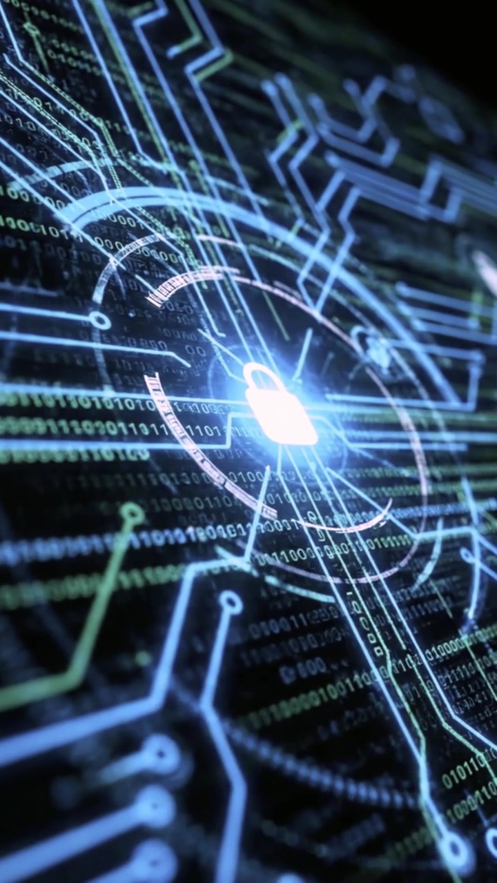 Digital Cybersecurity Concept with Glowing Padlock and Circuit Board Data