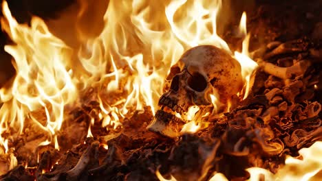 a skull in the middle of a fire with flames