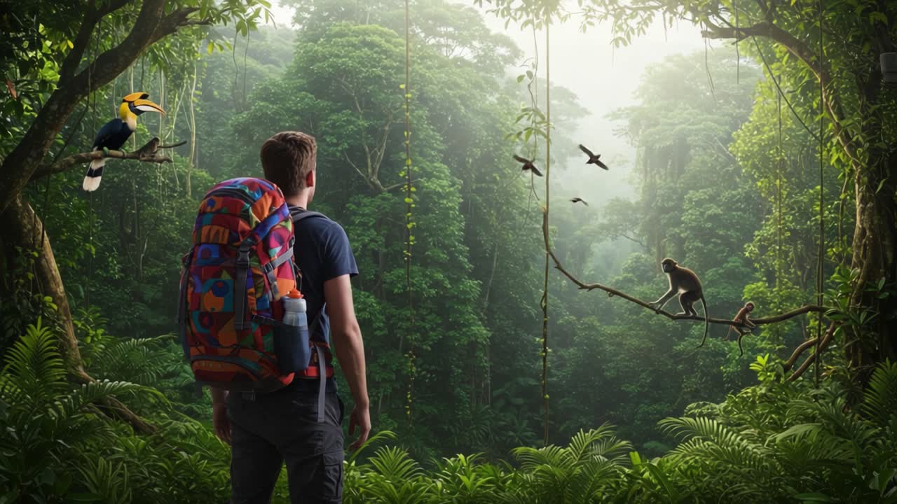 A lone adventurer stands in awe at the edge of a vibrant rainforest, surrounded by exotic wildlife including birds and monkeys in a lush, green landscape filled with life