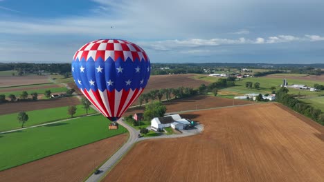 Aerial-orbiting-shot-of-american-hot-air-balloon-flying-over-golden-wheat-field-at-sunset-time-in-american-countryside