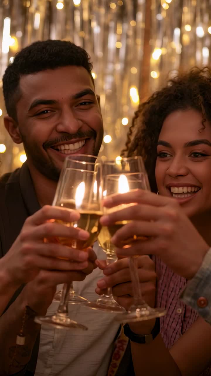 Vertical video: Smiling couple toasting, raising glasses near gold streamers, others clinking