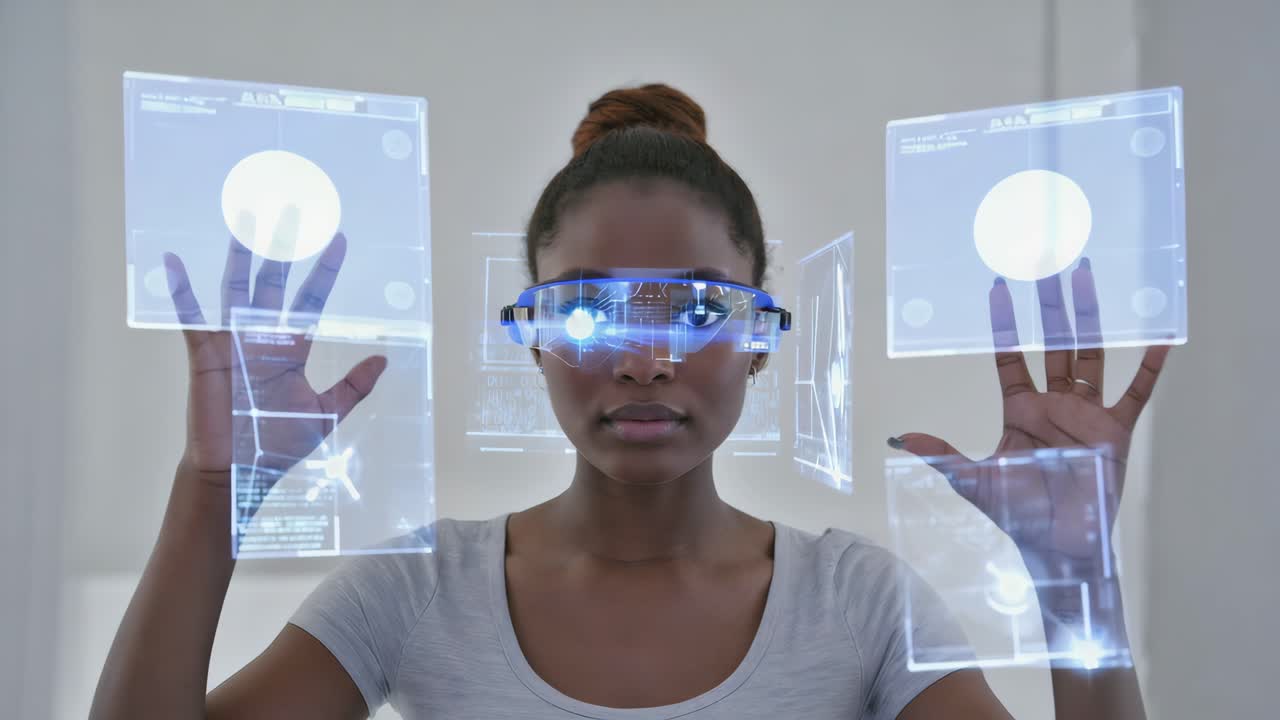 Woman using augmented reality glasses