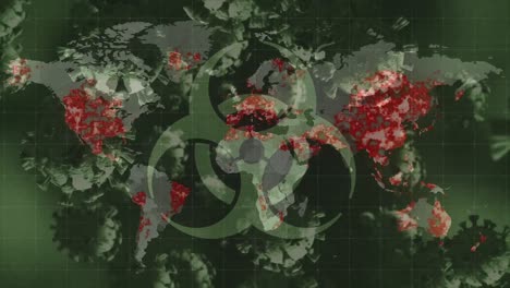 Biohazard-symbol-and-multiple-covid-19-cells-floating-against-world-map-on-green-background